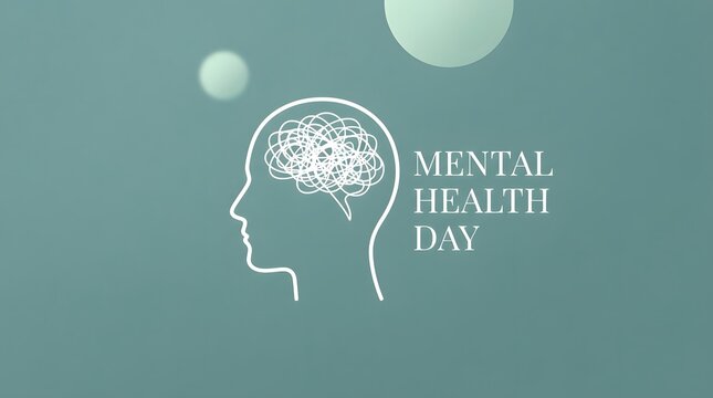 A minimalist conceptual illustration featuring a human head silhouette with a brain graphic designed for the annual global observance of world mental health day