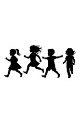 Obraz premium Black Silhouettes of Four Happy Children Running and Playing Together Isolated on White