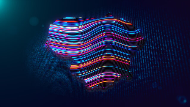 A glowing three dimensional Lithuania map formed by colorful flowing neon lines, surrounded by a dark blue particle grid and atmospheric digital lighting.