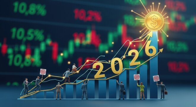 Business Growth Concept 2026 with Financial Bar Chart and Miniature People