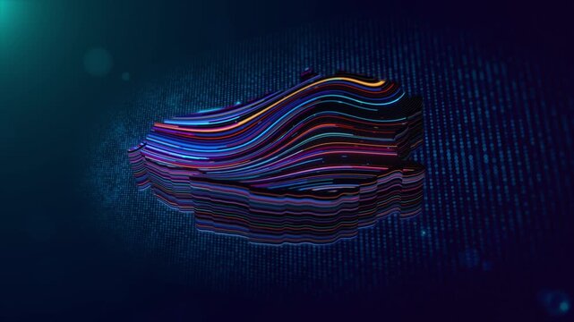 A glowing Lithuania map gradually reveals through flowing neon lines over a deep blue particle grid, creating a dimensional futuristic animation for geographic technology themes.