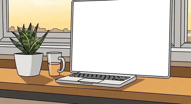 Cozy Workspace: Laptop with Blank Screen, Plant, and Drink by the Window with Cityscape View