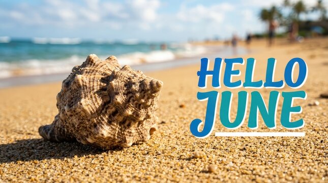 Hello June Summer Greeting with Large Seashell on Sandy Beach and Tropical Ocean Background