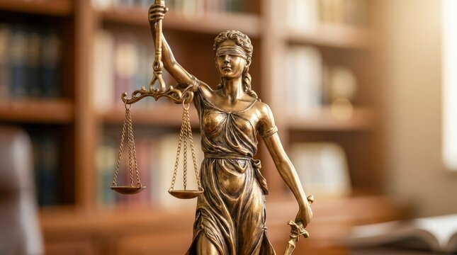 Justice Statue Symbolizing Law and Fairness in a Library Setting.