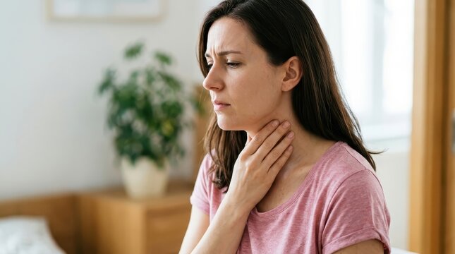 Young Woman Suffering from Sore Throat and Touching Her Neck at Home, Healthcare and Medical Concept of Illness and Pain
