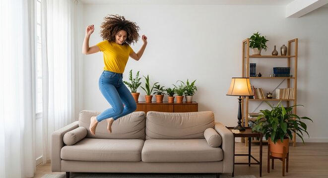 Happy young woman with curly hair jumping for joy on a beige couch in a sunlit modern living room home interior setting