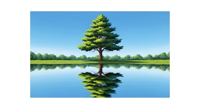 Idyllic Cartoon Landscape with Lone Pine Tree Reflected in Calm Water Under a Clear Blue Sky