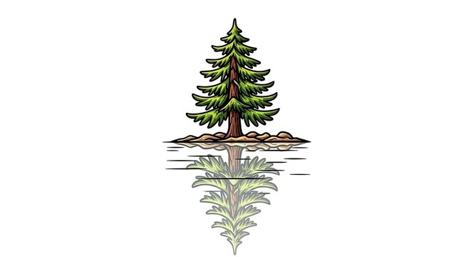 Stylized cartoon illustration of a pine tree with reflection in water on white background