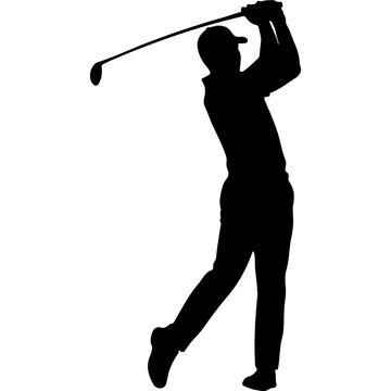 Golf player silhouette vector. Golfer swinging club dynamic pose. Black sport outline isolated on white. Graphic icon design