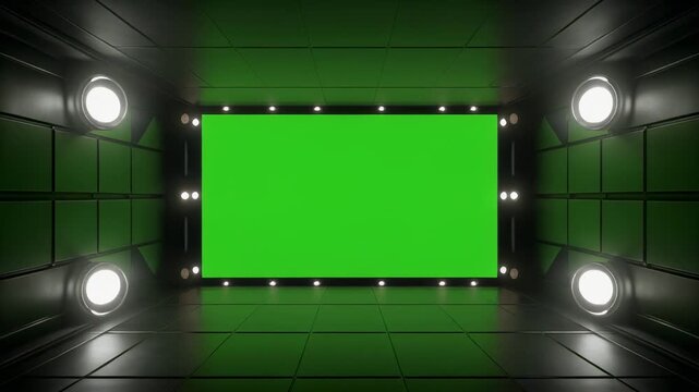 Green screen panels in a futuristic dark corridor with dramatic lighting and reflections