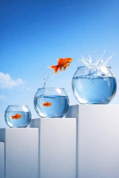 goldfish leaping bowls blue sky