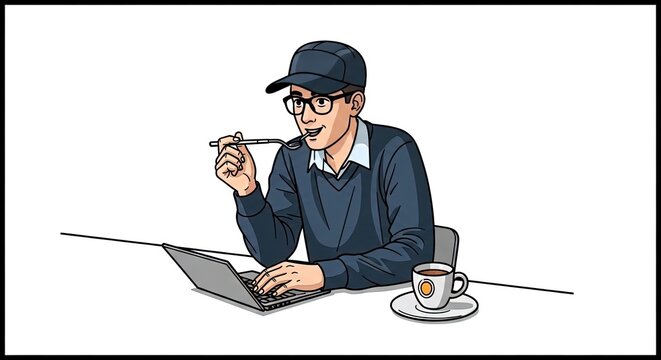 Young Man in Baseball Cap and Glasses Working on Laptop with Coffee, Stylized Cartoon Vector Illustration