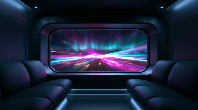 Futuristic Spaceship Cabin Interior View of Warp Speed Lights