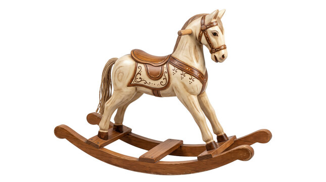 Vintage wooden rocking horse, antique hand-painted nursery toy, classic carved wood horse on white background
