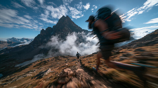 Trail Runner Fast Hiking in Majestic Mountain Wilderness Landscape