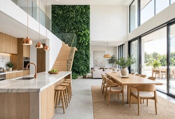 Fototapeta premium Modern kitchen and dining interior featuring hanging plants, vertical greenery, wooden table, white island, staircase, stylish architecture, natural decor, luxurious home design, living space.