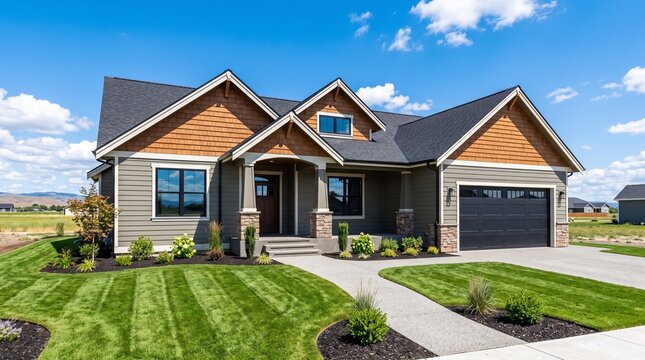 Modern suburban house with manicured green lawn, contemporary family home exterior, luxury residential real estate property under blue sky isolated PNG with Transparent Background