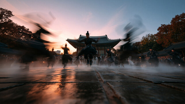 Martial Artists Performing Dynamic Action at Korean Palace During Sunset