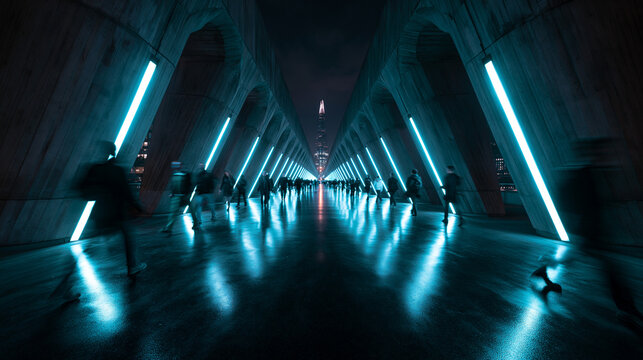 Futuristic Illuminated Bridge with Cyan Neon Lights and Motion Blur