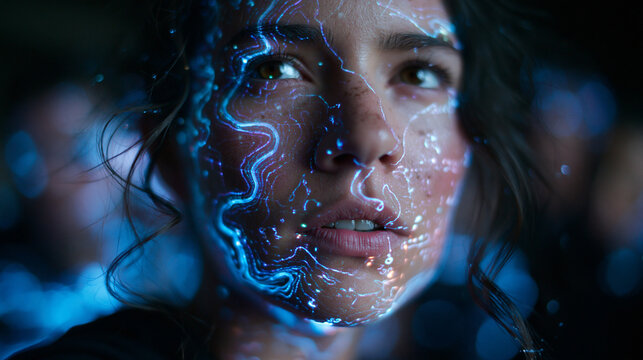 Woman Portrait with Digital Biometric Facial Recognition Light Projection