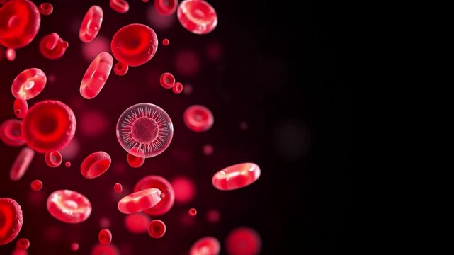 ​A detailed 3D microscopic animation showing numerous red blood cells floating and circulating inside a blood vessel against a dark background