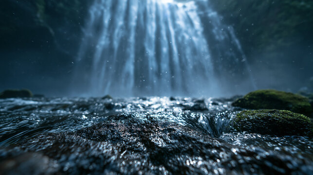 Majestic Waterfall with Rushing Stream and Light Rays