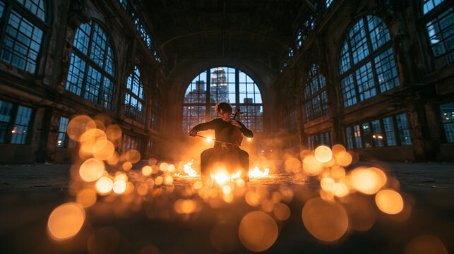 Musician Playing Cello with Fire Effects in Dramatic Hall