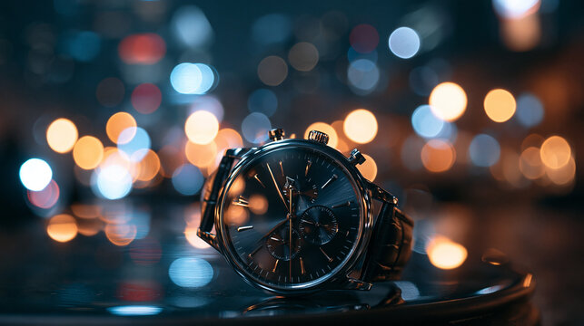 Luxury Wristwatch Resting on Surface with City Lights Bokeh