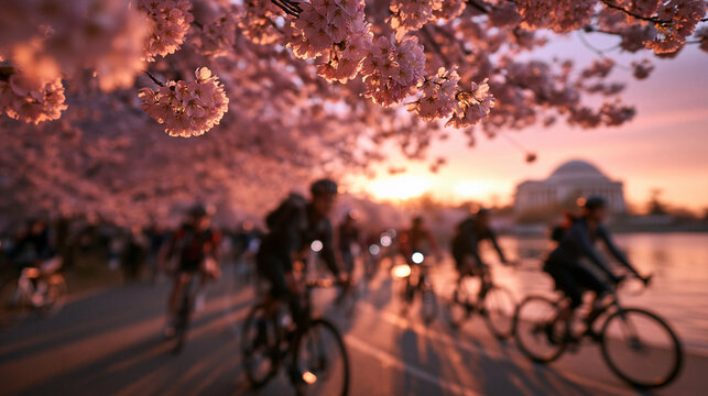 Cyclists Riding Under Cherry Blossoms at Sunset in Washington DC