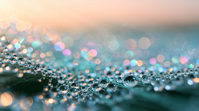 Macro Dew Drops on Fine Threads with Pastel Bokeh Background