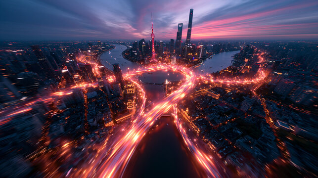 Futuristic Shanghai Skyline with Glowing Traffic Light Trails at Twilight