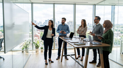 Fototapeta premium Team meeting table office presentation business coworker whiteboard laptop city