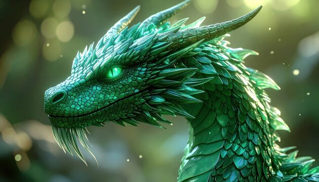 Detailed green dragon head profile with textured scales.