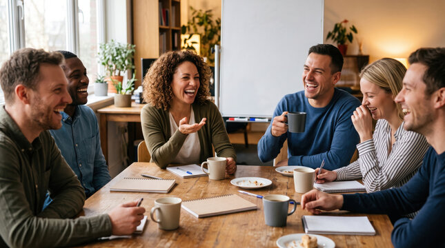 Team laughing coffee break meeting coworker office table cup group Team laughing during coffee break office meeting, diverse coworker group around wooden table with notebook, warm casual workplace