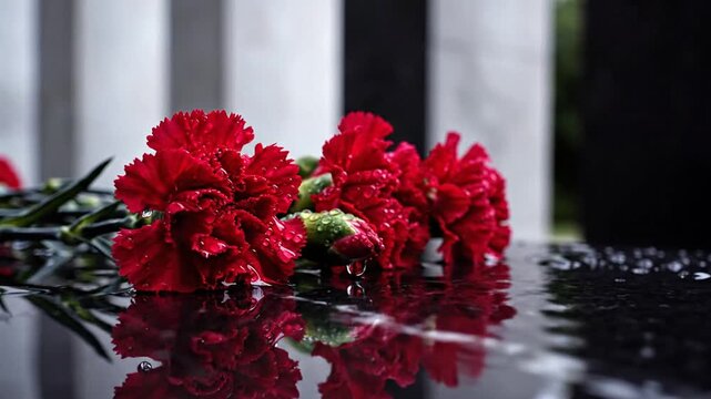Red carnations with water droplets resting on a reflective surface, creating an elegant floral scene with vivid red petals, natural beauty, and cinematic lighting.