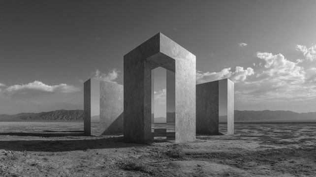 surreal mirrored architectural structure in monochrome desert landscape