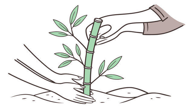 Minimalist line art illustration of human hands planting a young bamboo sprout into soil for environmental conservation and sustainability concept