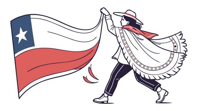 Flat line art illustration of a dancer wearing a traditional chilean poncho and hat holding the chile flag for independence day concept