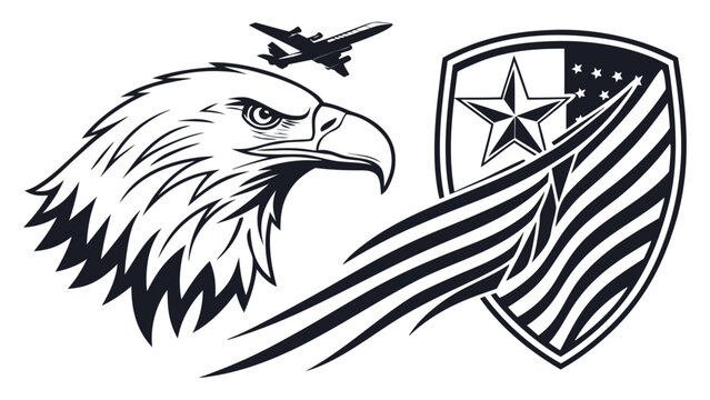 Monochrome vector emblem featuring bald eagle head military airplane and patriotic shield for us air force birthday concept