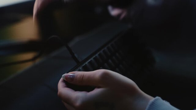 Close-up of a player plugging in a colorful rgb backlit keyboard to start a video game