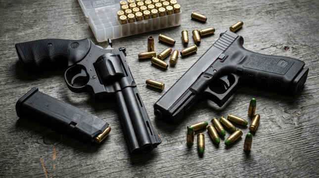 Black Semi-Automatic Pistol and Revolver with Ammunition and Magazine on a Rustic Wooden Surface for Self Defense
