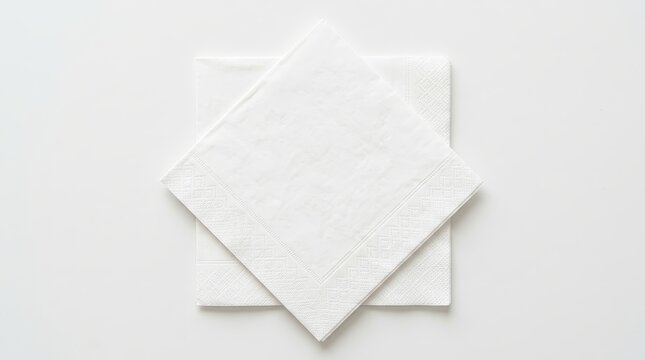 Top View of Two White Square Paper Napkins Stacked on White Background for Dining and Catering Mockup