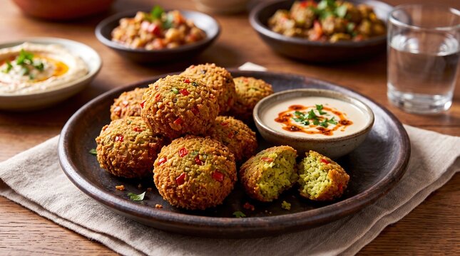 Crispy Sudanese Tamia Broad Bean Falafel Served with Creamy Dipping Sauce on a Rustic Plate
