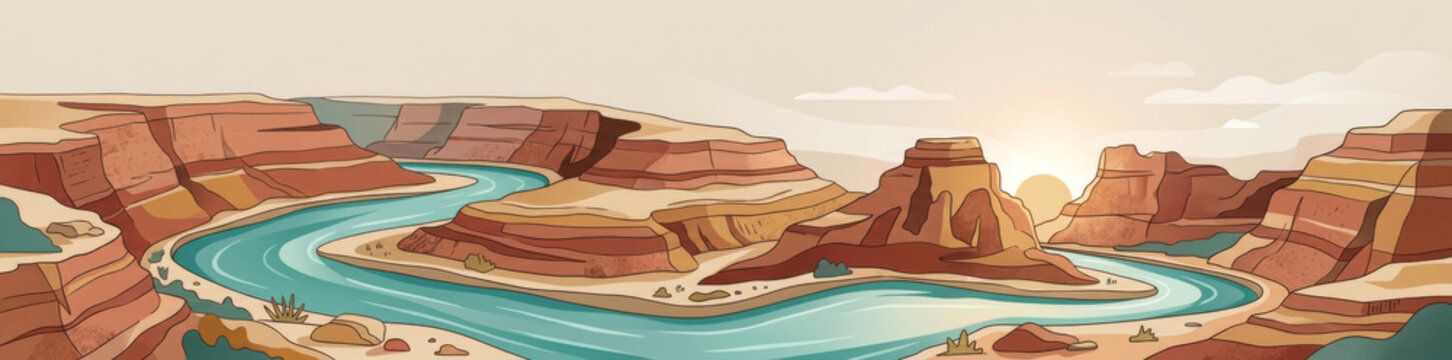 Panoramic illustration of a winding river flowing through a deep desert canyon at sunrise.