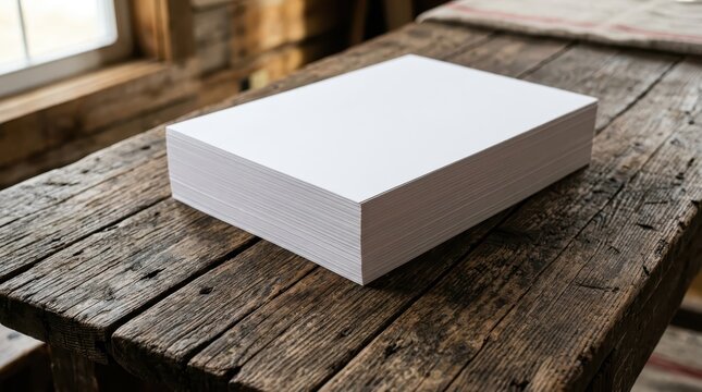 Stack of Blank White Paper on a Rustic Wooden Table Mockup for Stationery and Creative Design Projects