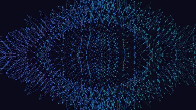 Dynamic blue and green digital wireframe mesh network with glowing nodes, abstract data visualization