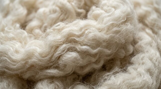 Close-up of Raw White Sheep Wool Texture, Natural Organic Fleece Background for Textile Industry and Craft