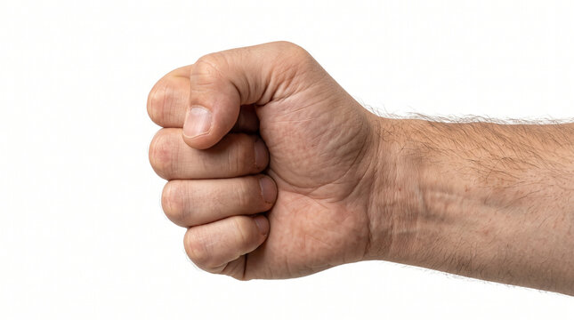 Close-up view of a man's clenched fist, revealing the intricate patterns of natural skin, prominent veins, body hair, and pores on a white background.