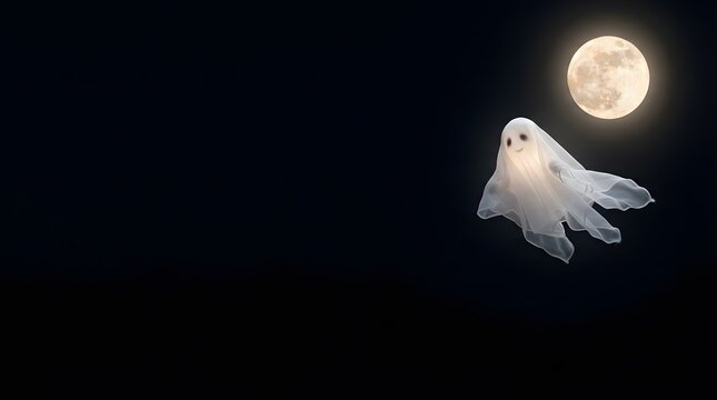 A ghostly white figure flying through the night sky illuminated by a bright full moon background