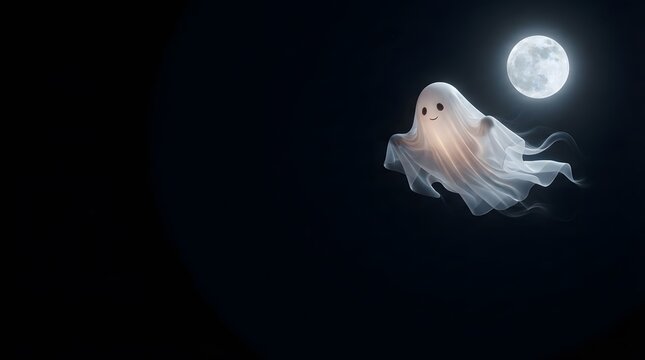 A spooky white ghost floating in the dark night sky under a bright glowing full moon